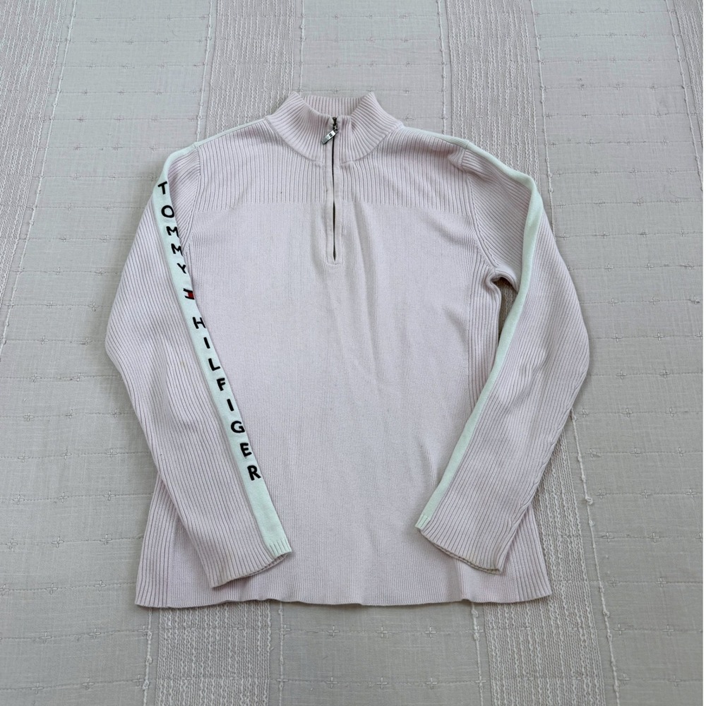 Tommy Hilfiger 1/4 Zip Sweater Womens M Pink Ribbed Logo Sleeve Mock Neck